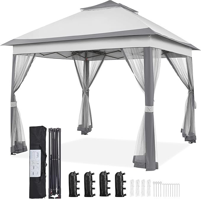 81CkbfAnr3L._AC_SX679_-1.jpg Yaheetech 11x11 Pop Up Gazebo Outdoor Canopy Shelter, Instant Patio Gazebo Sun Shade Canopy Tent with 4 Sandbags, 2 Tiers Roof & Mesh Netting for Lawn, Garden, Backyard & Deck, Gray – Bild 1
