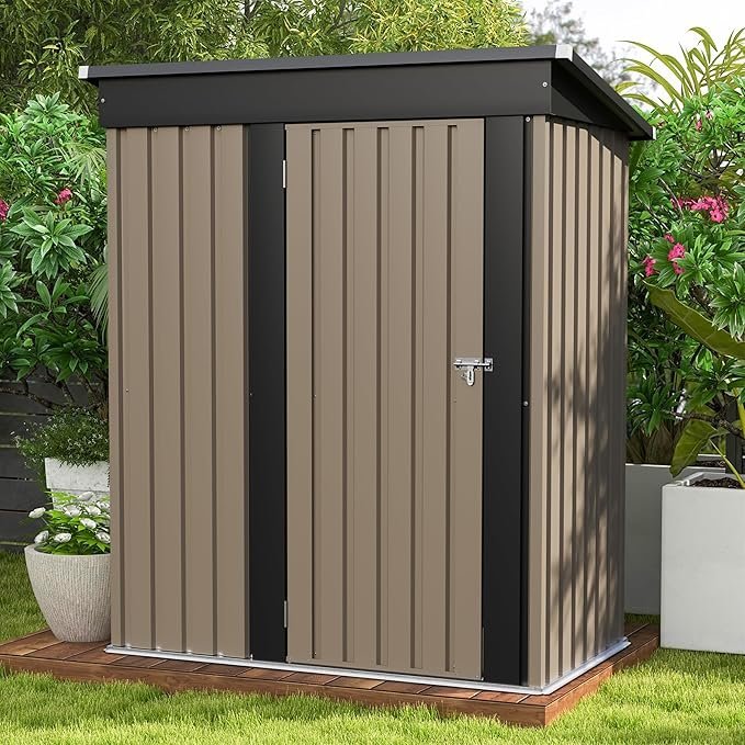 81WyFbnzpcL._AC_SX679_-1.jpg Patiowell 5x3 FT Outdoor Storage Shed, Tool Shed with Sloping Roof and Lockable Door, Metal Shed for Backyard Garden Patio Lawn, Brown – Bild 1